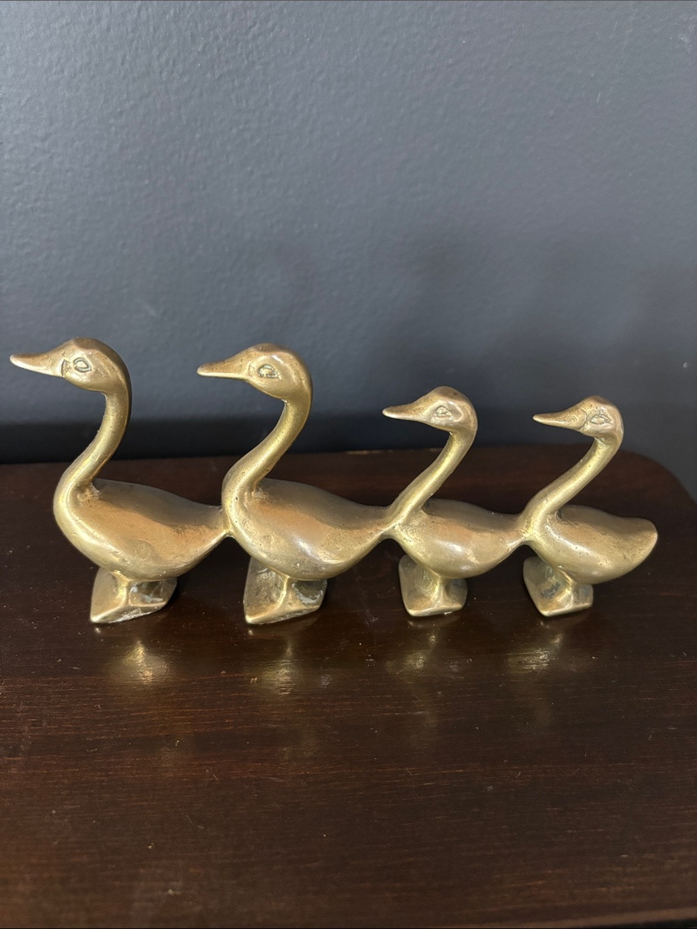 Vintage Solid Brass Ducks in a Row Four Goose Flock MCM Paperweight Cottage-core - Picture 5 of 10